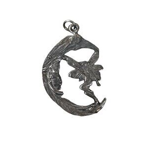Moon & Fairy Silver Pendant 5.61g Tinkerbell Jewelry Unique Design Princess 1.5"